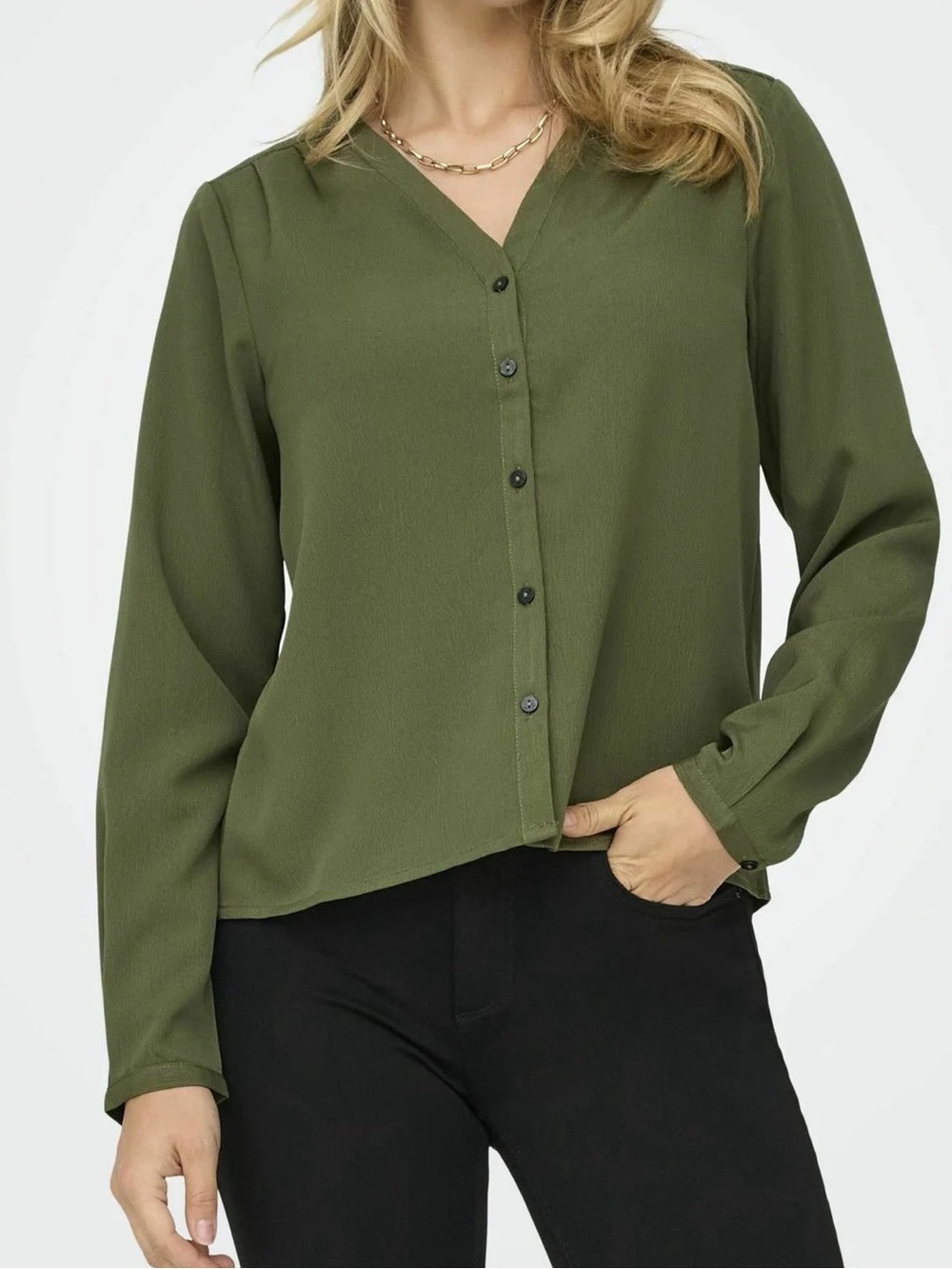 Liz Claiborne | Silk V-Neck Button-Down Shirt